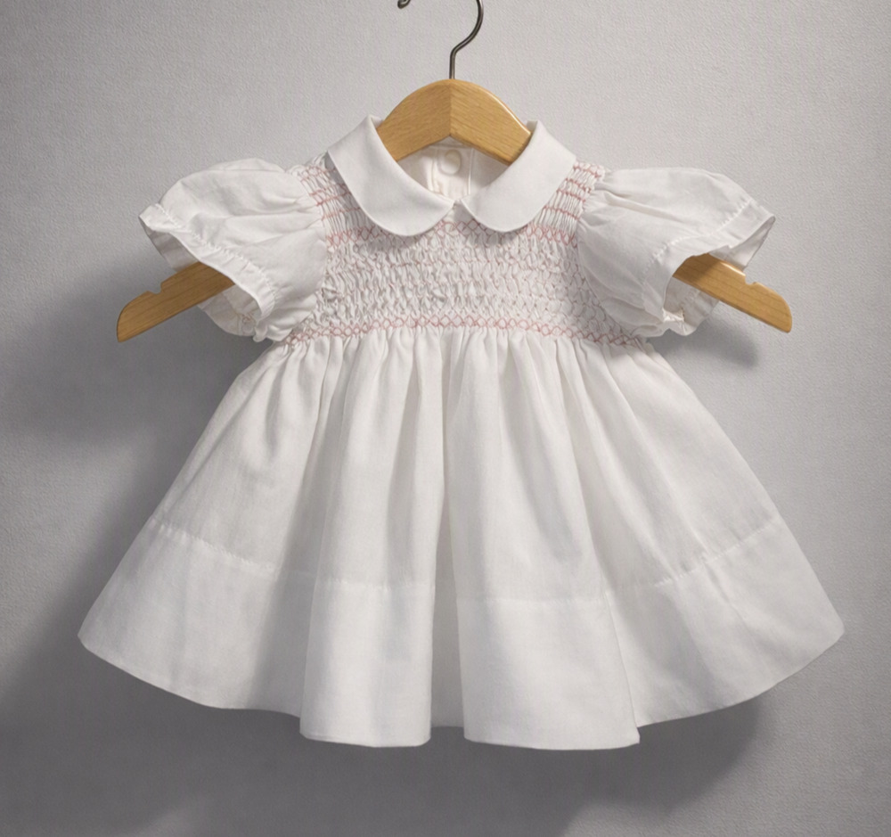 Vtg Baby White Dress Pink Smocking Peter Pan Collar Cute 3–6 Months 60s Classic